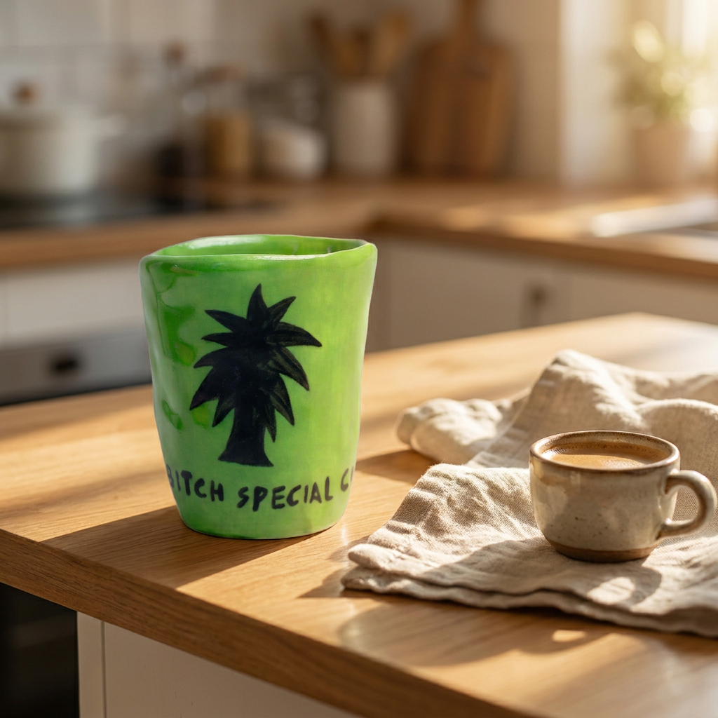 Bitch Special Cup — Hand-Painted Palm Mug in Lime Green