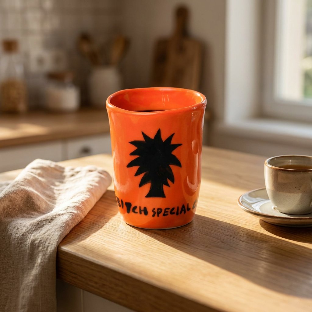 Bitch Special Cup — Hand-Painted Palm Mug in Sunset Orange