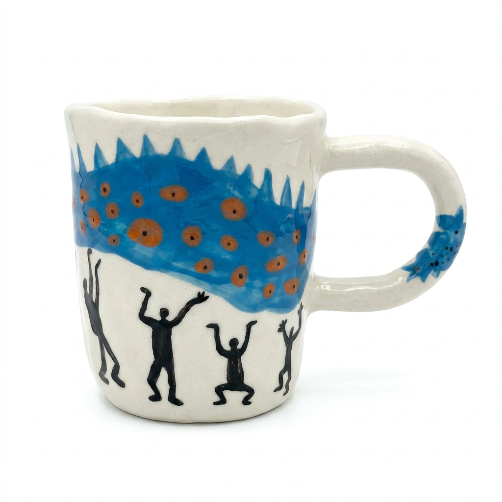 Dancing Figures Under a Blue Wave — Hand-Painted Mug
