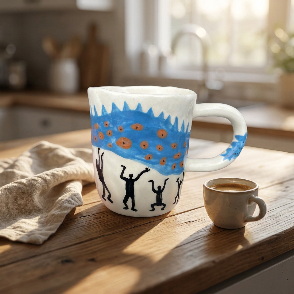 Dancing Figures Under a Blue Wave — Hand-Painted Mug