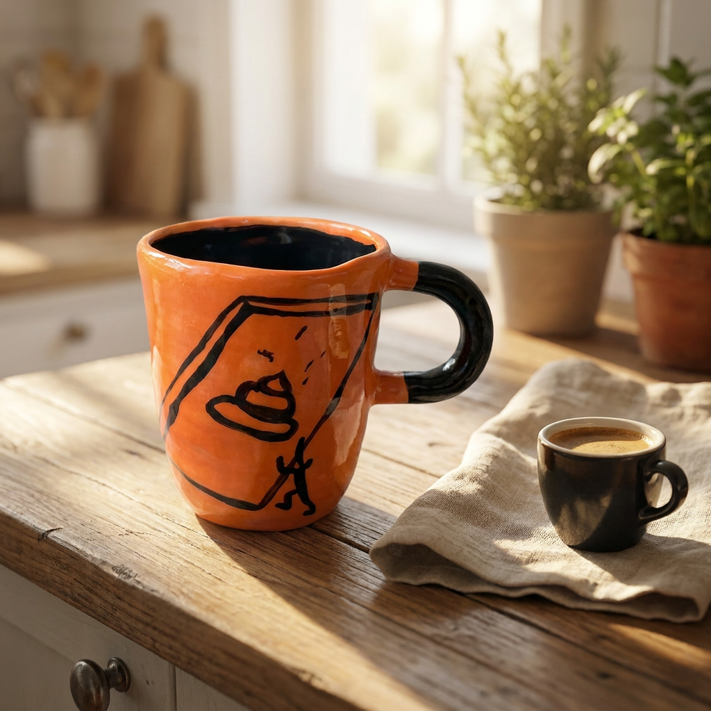 Crying Poop on a Tombstone — Hand-Painted Orange Mug