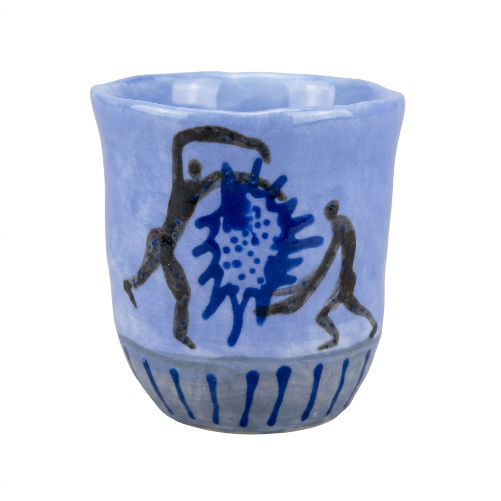 Two Figures and a Spirit — Hand-Painted Sky-Blue Mug