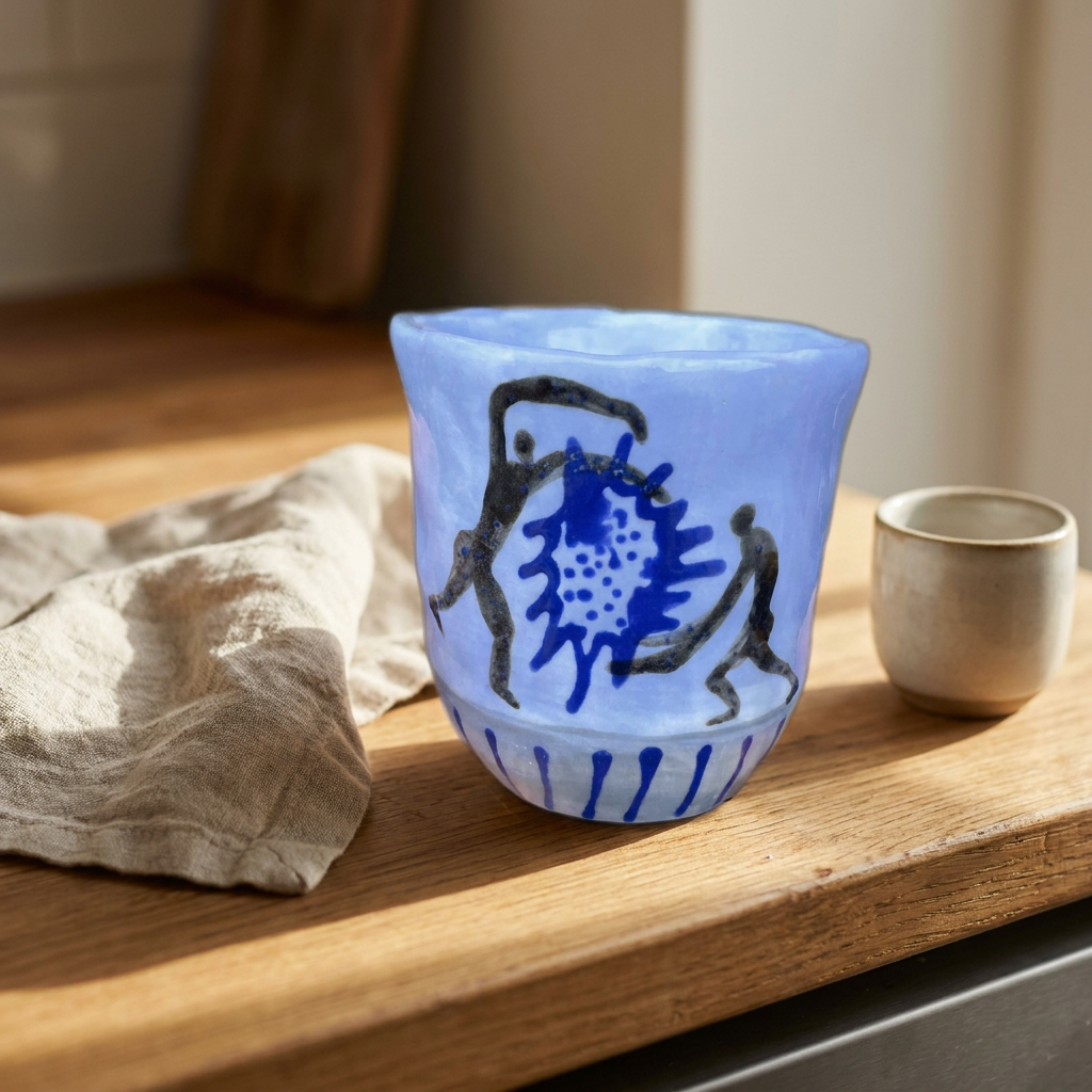 Two Figures and a Spirit — Hand-Painted Sky-Blue Mug