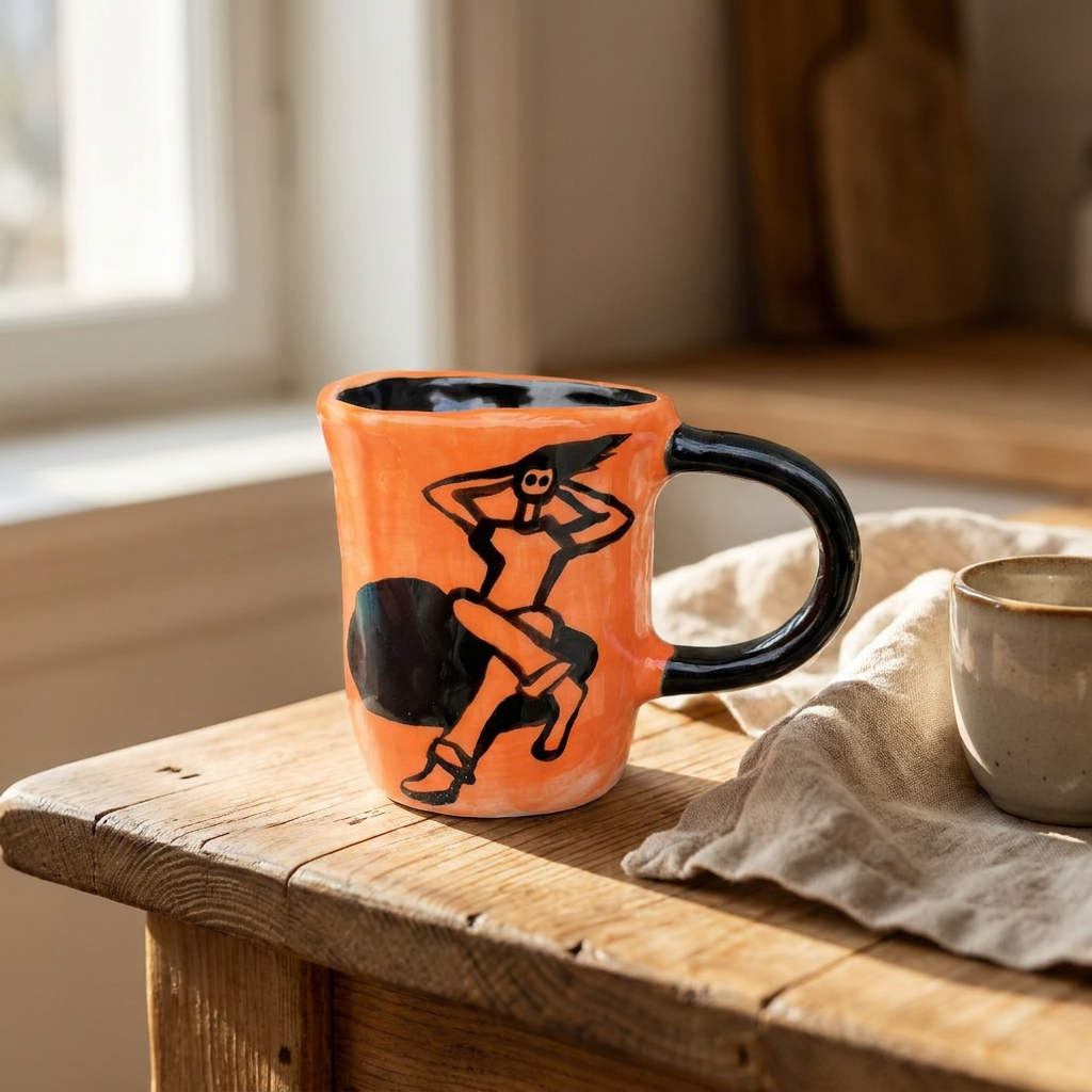 Dancing Body — Hand-Painted Orange Mug with Black Handle