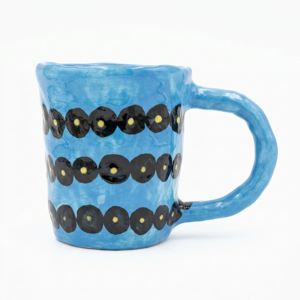 Black Dot Stripes — Hand-Painted Bright Blue Mug