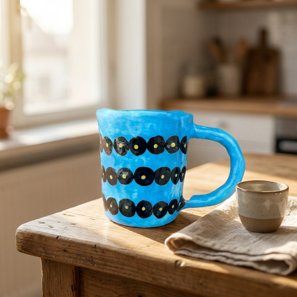Black Dot Stripes — Hand-Painted Bright Blue Mug