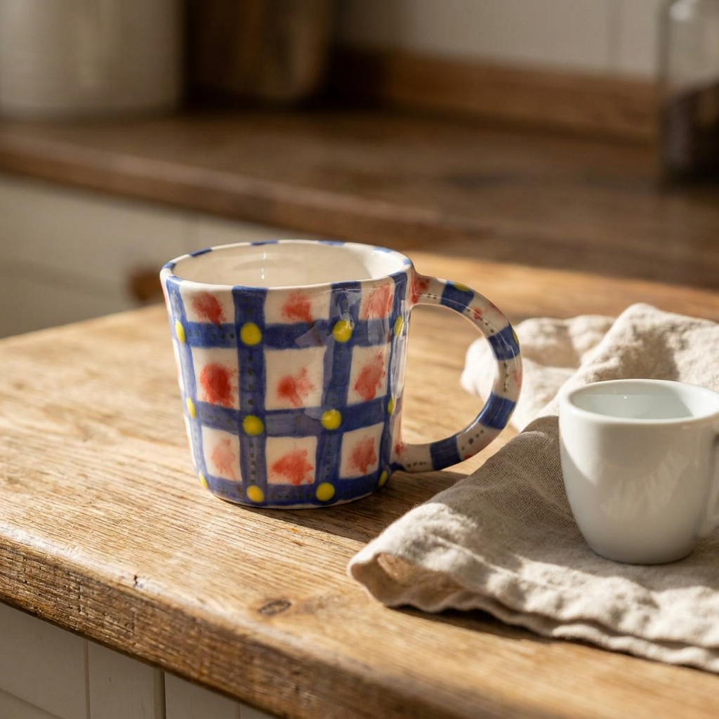 Picnic Plaid — Hand-Painted Red, White & Blue Checked Mug