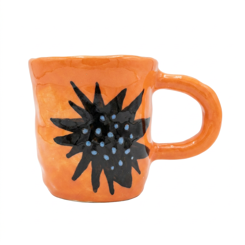 Black Star Burst — Hand-Painted Orange Ceramic Mug