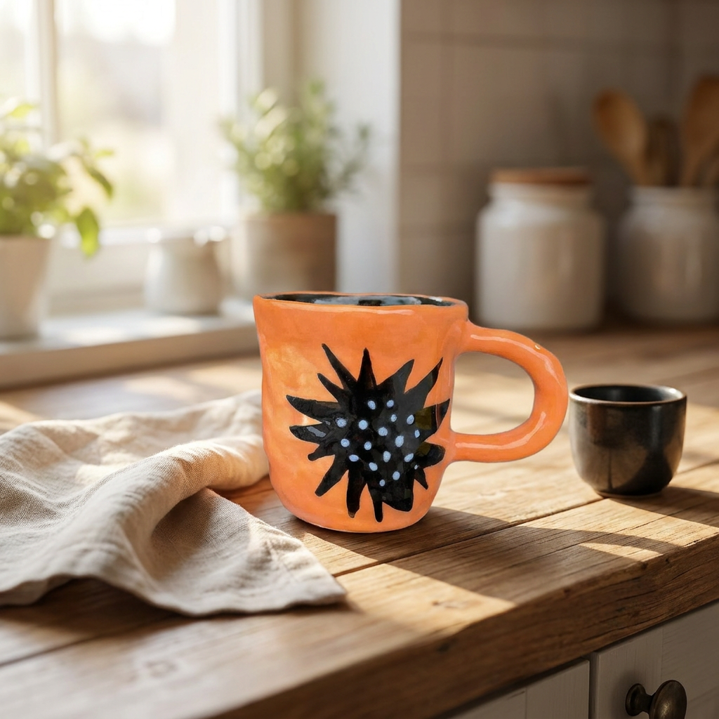 Black Star Burst — Hand-Painted Orange Ceramic Mug