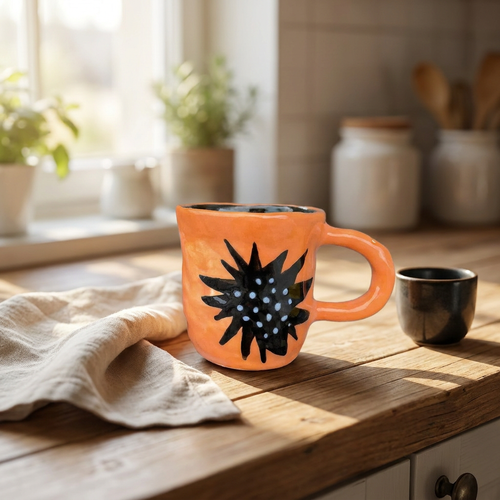 Black Star Burst — Hand-Painted Orange Ceramic Mug