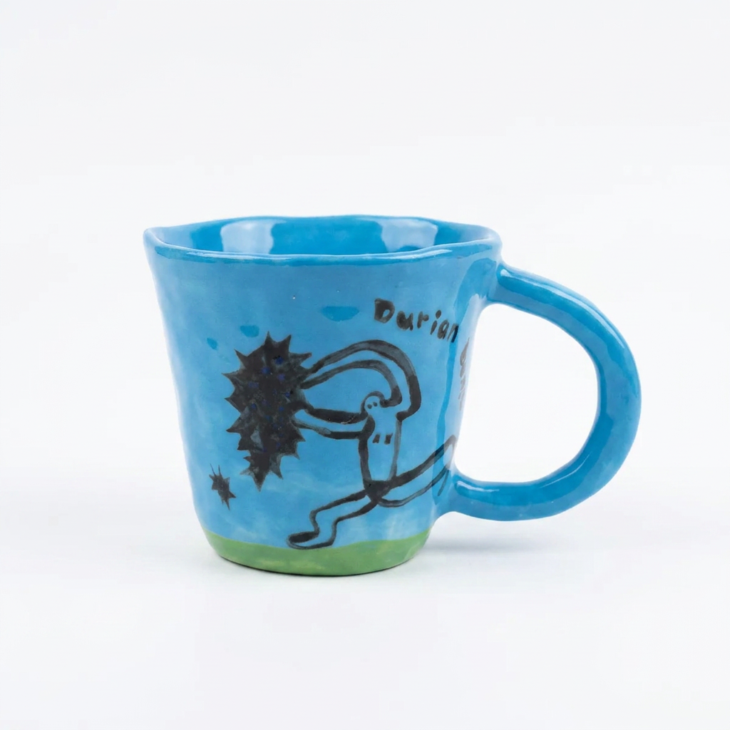 Durian Encounter — Hand-Painted Sky-Blue Mug