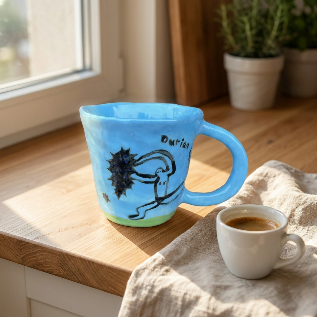 Durian Encounter — Hand-Painted Sky-Blue Mug