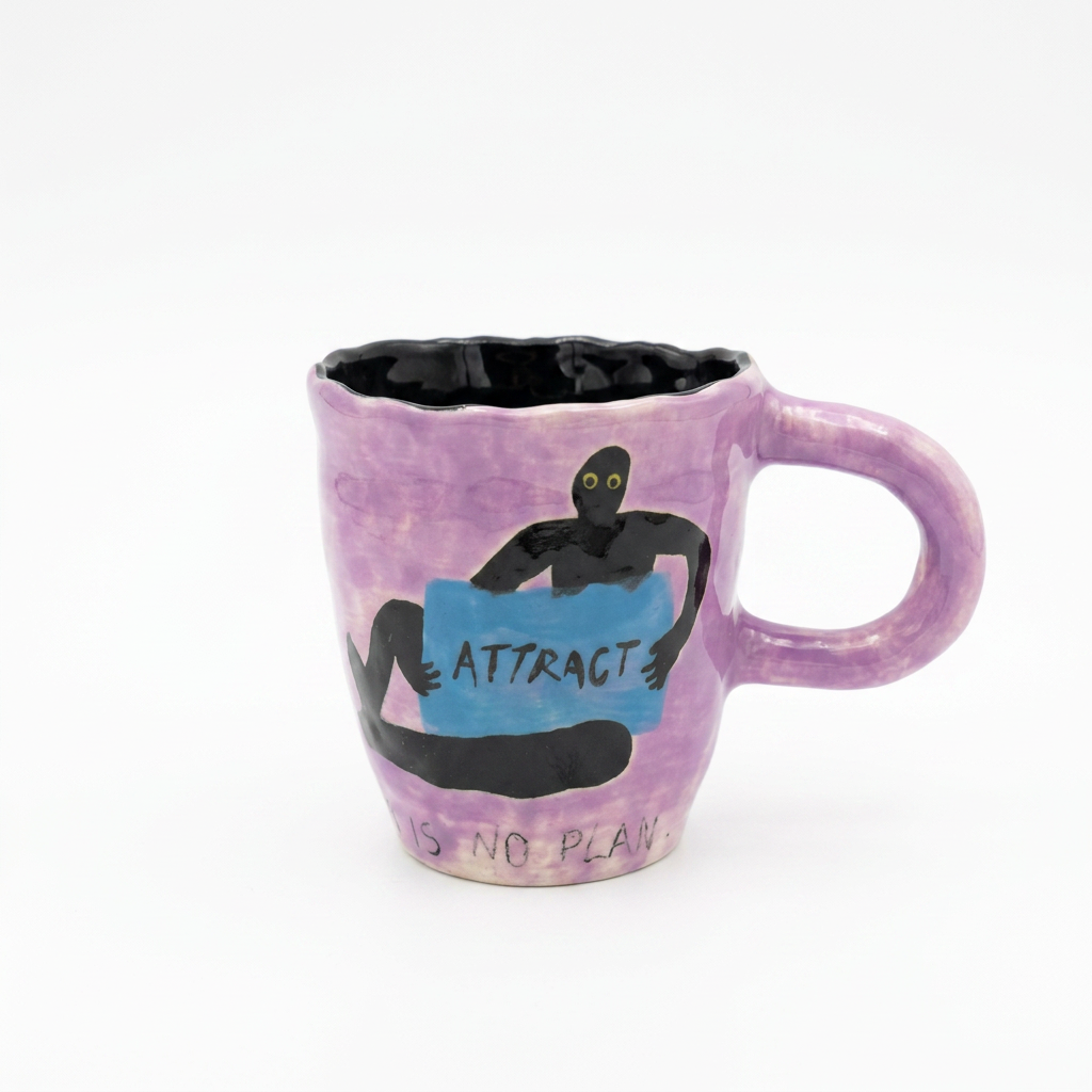 Attract — Hand-Painted Pink Mug with Figure & Sign