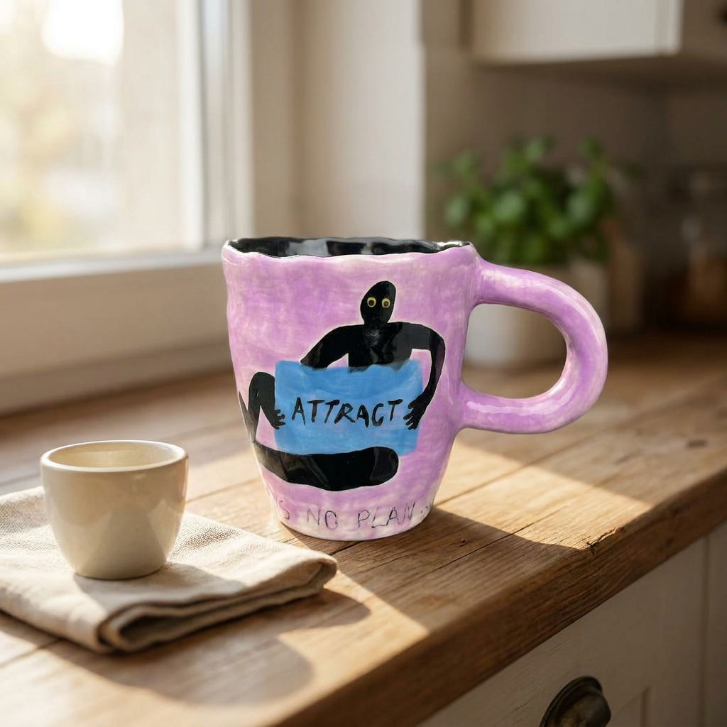 Attract — Hand-Painted Pink Mug with Figure & Sign