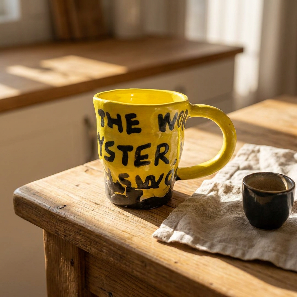 Wordy Yellow — Hand-Painted Text-Wrapped Mug