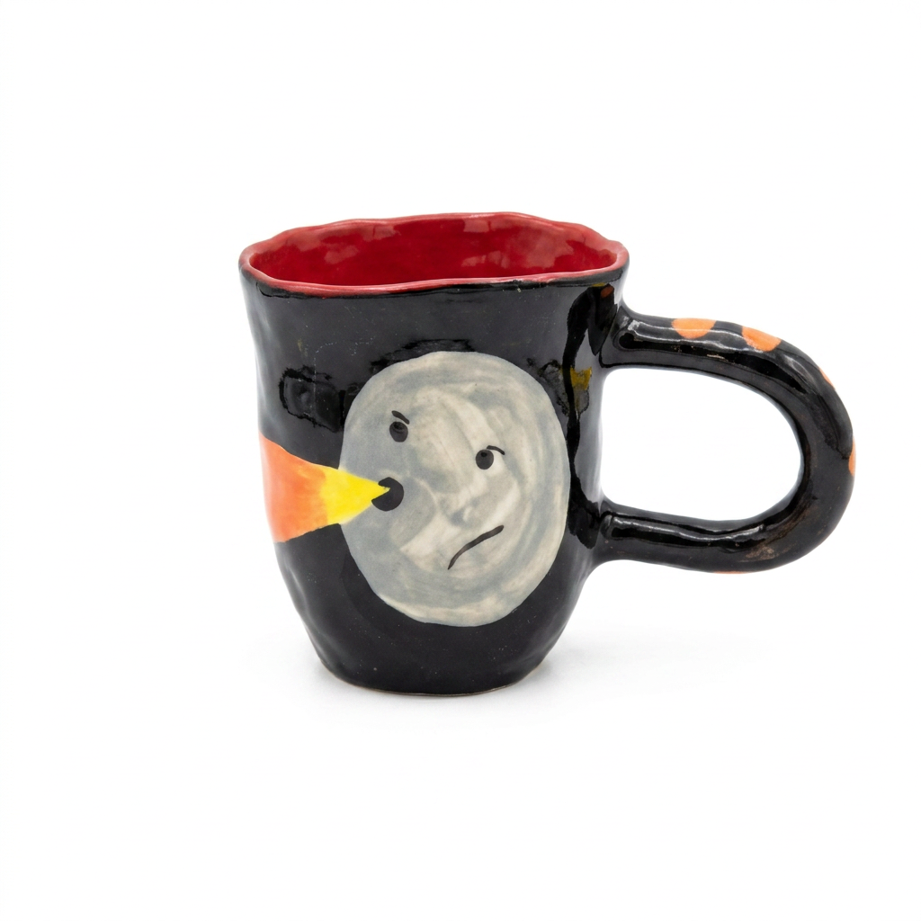 Moon Bird — Hand-Painted Black Mug with Red Interior