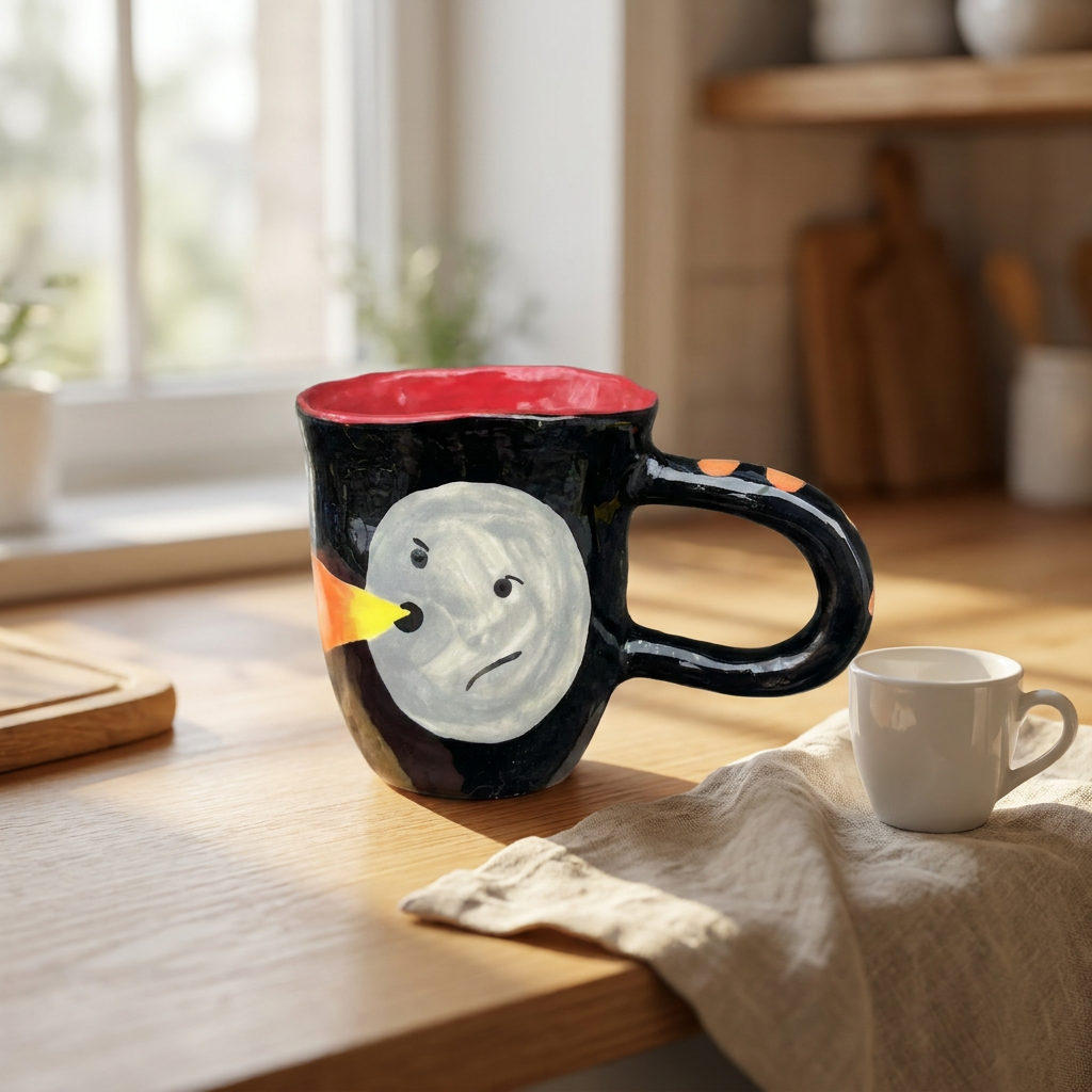 Moon Bird — Hand-Painted Black Mug with Red Interior
