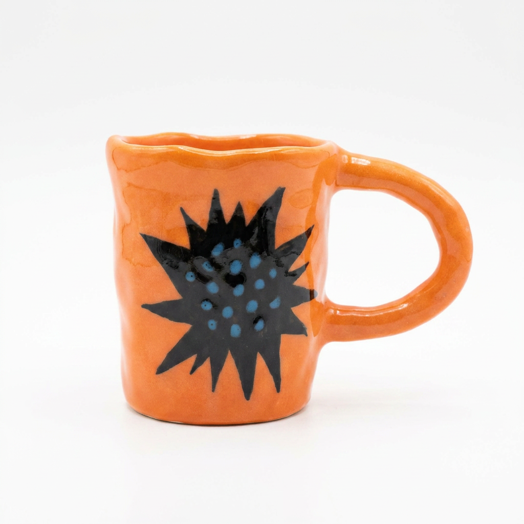 Black Star Burst II — Hand-Painted Orange Mug