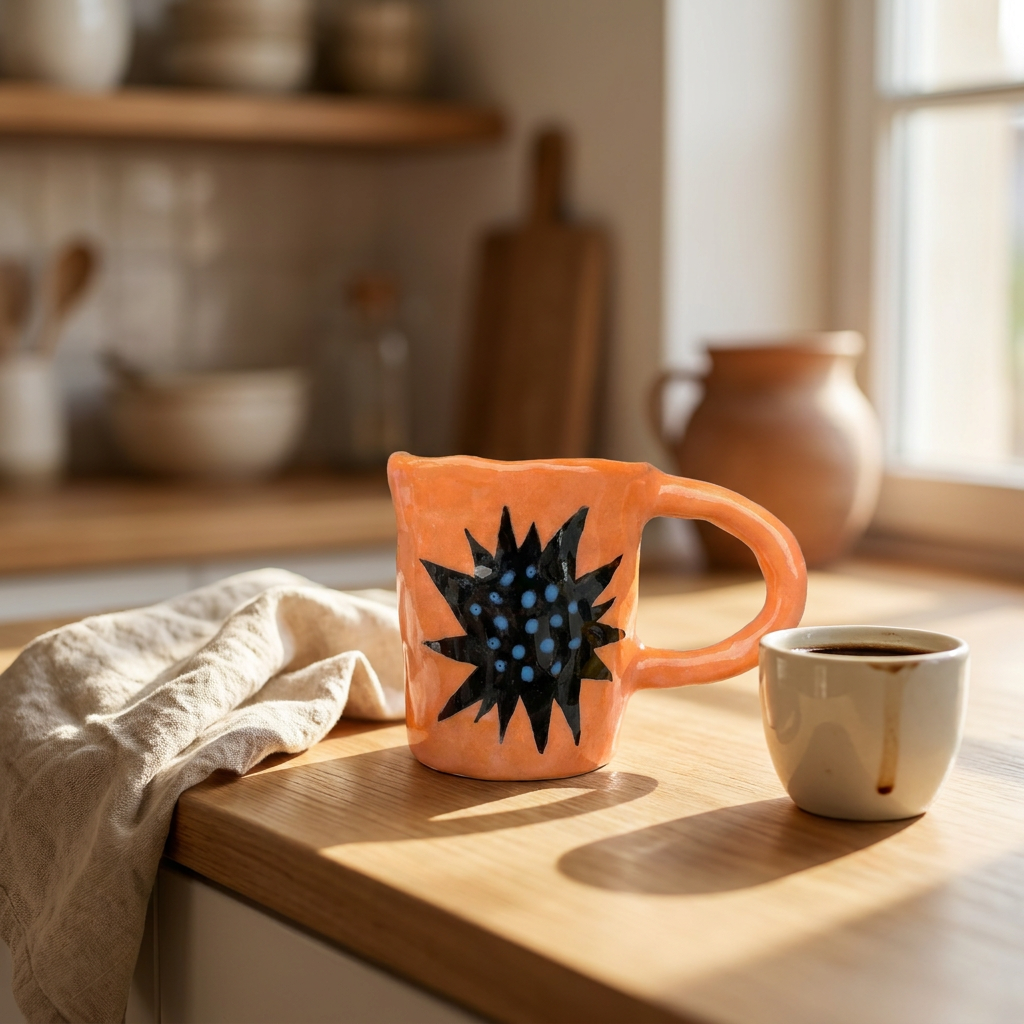 Black Star Burst II — Hand-Painted Orange Mug