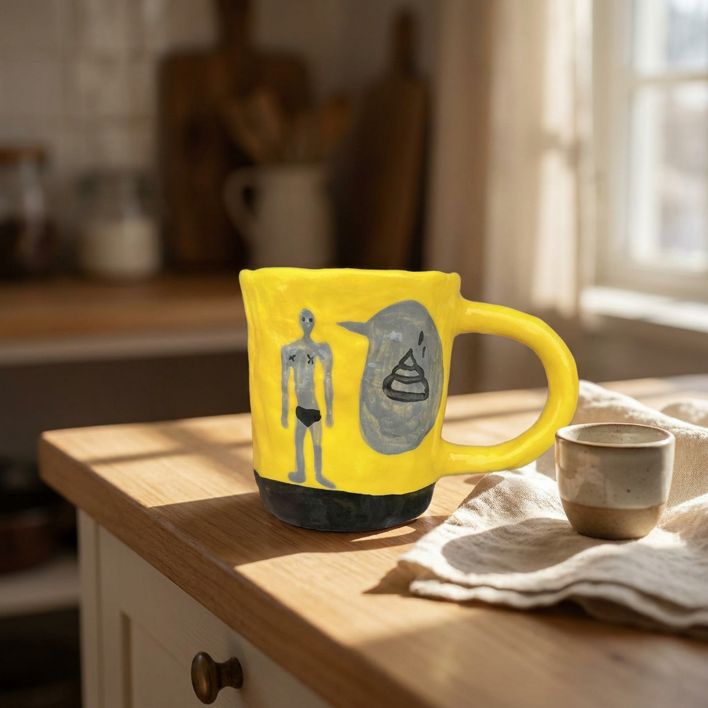Figure & Speech Bubble — Hand-Painted Yellow Mug