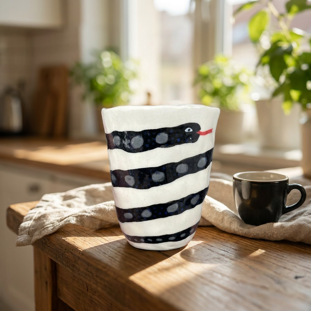 Striped Snake — Hand-Painted White & Black Cup