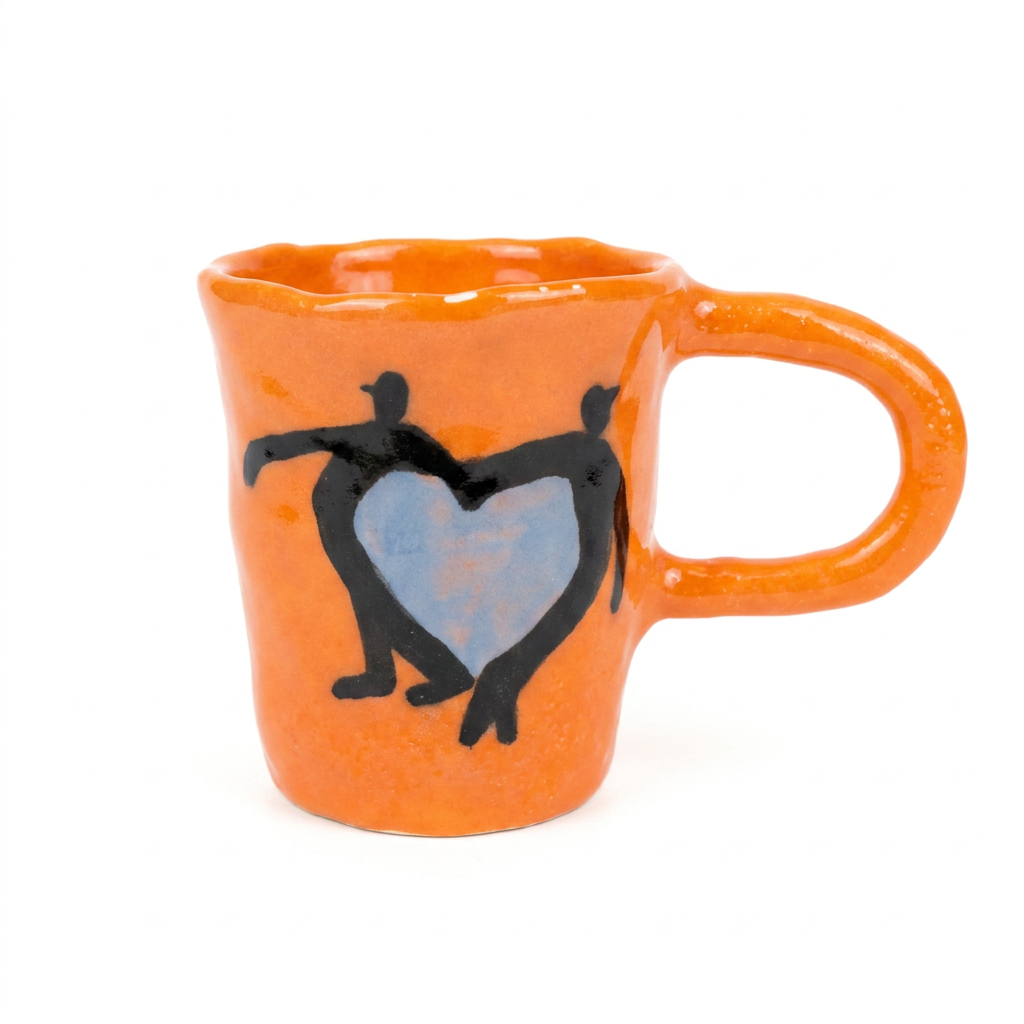 Heart Carriers — Hand-Painted Orange Mug with Figures
