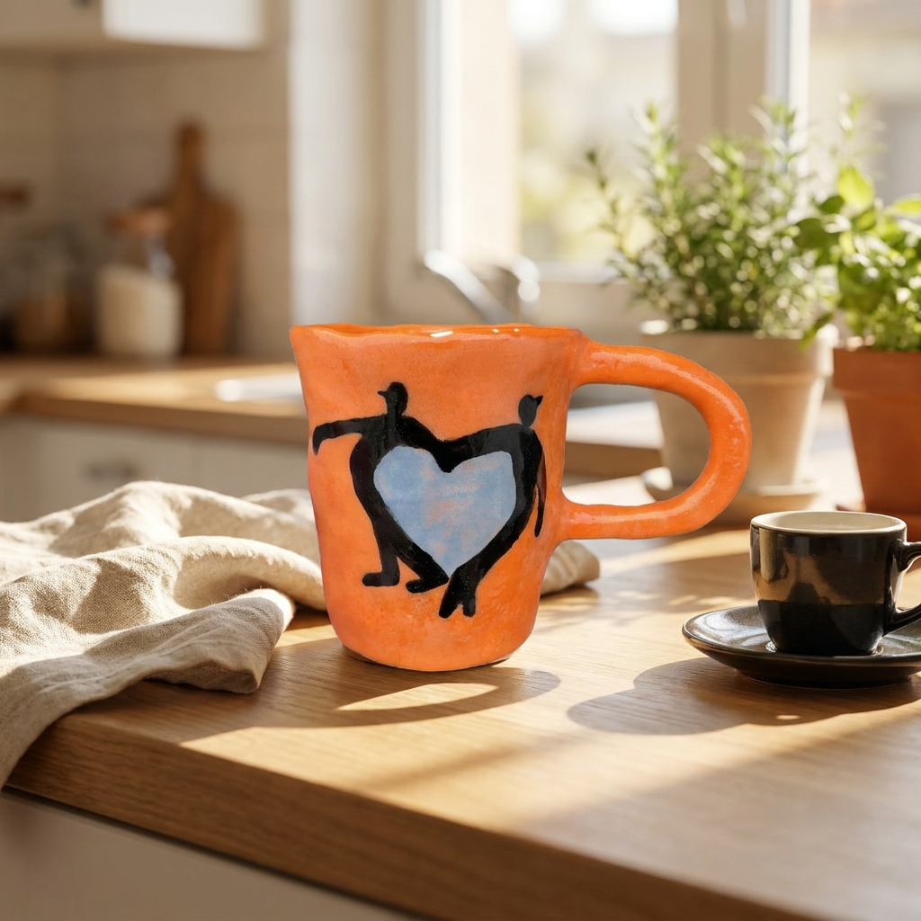 Heart Carriers — Hand-Painted Orange Mug with Figures