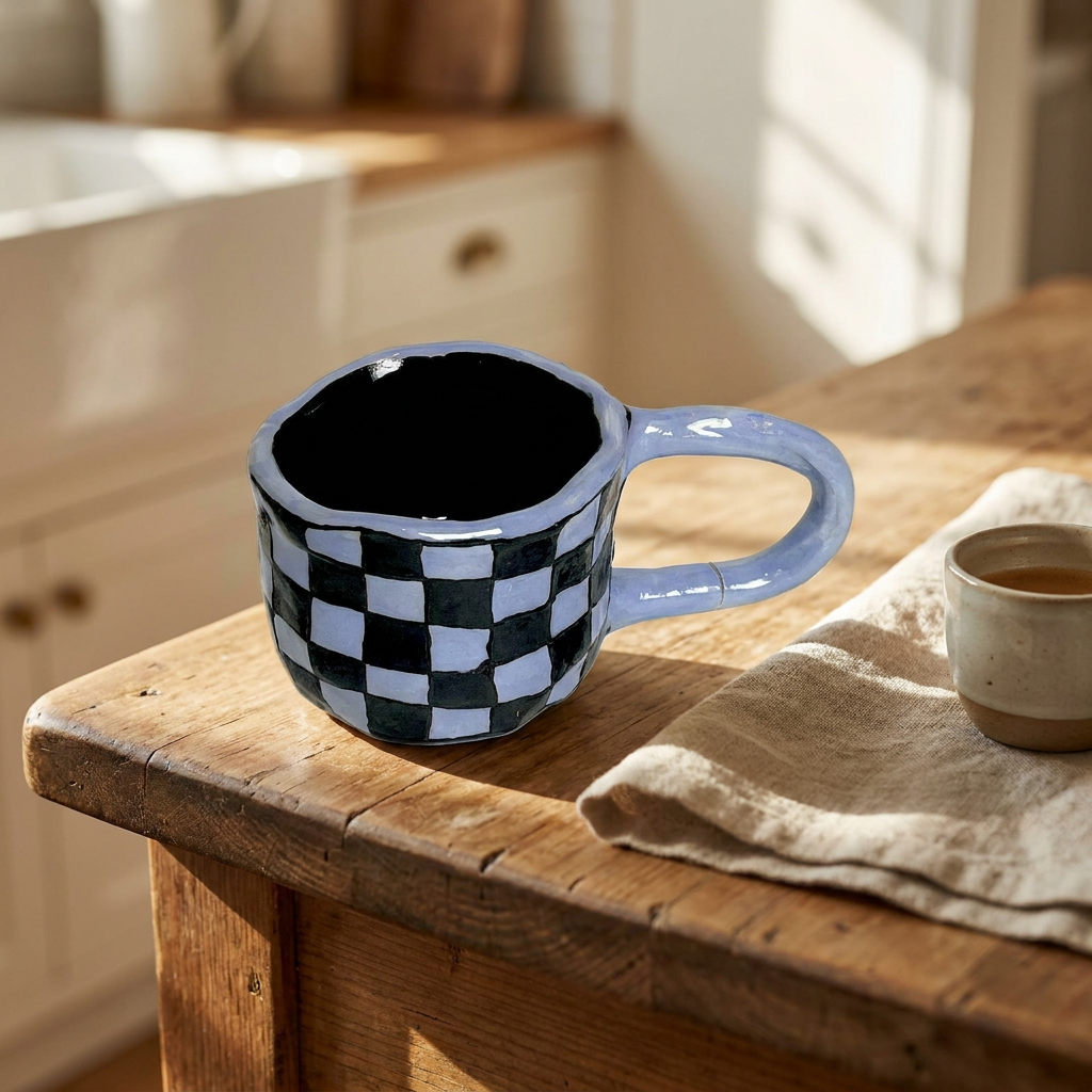 Checkerboard Mug — Periwinkle & Black Hand-Painted Ska Mug