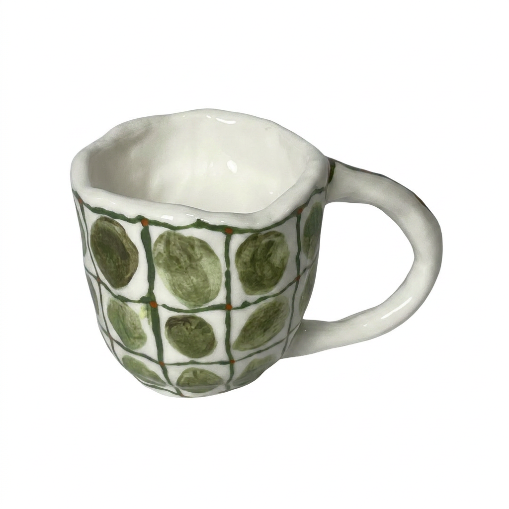 Olive Grid Mug — Hand-Painted Green Dots on Ivory