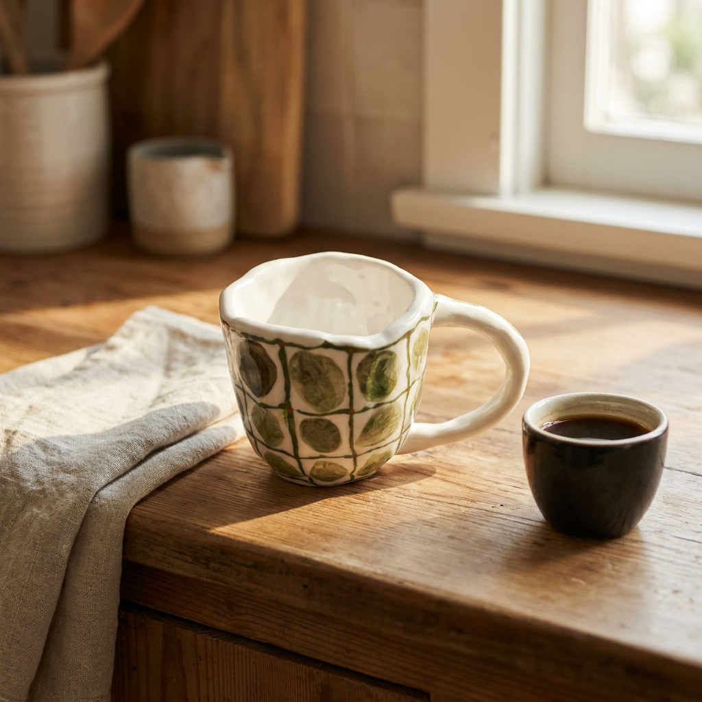 Olive Grid Mug — Hand-Painted Green Dots on Ivory