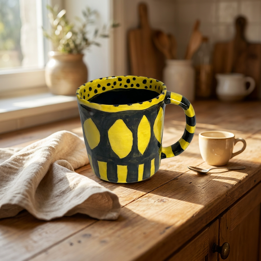 Bumblebee Mug — Bold Yellow & Black Hand-Painted Stripes