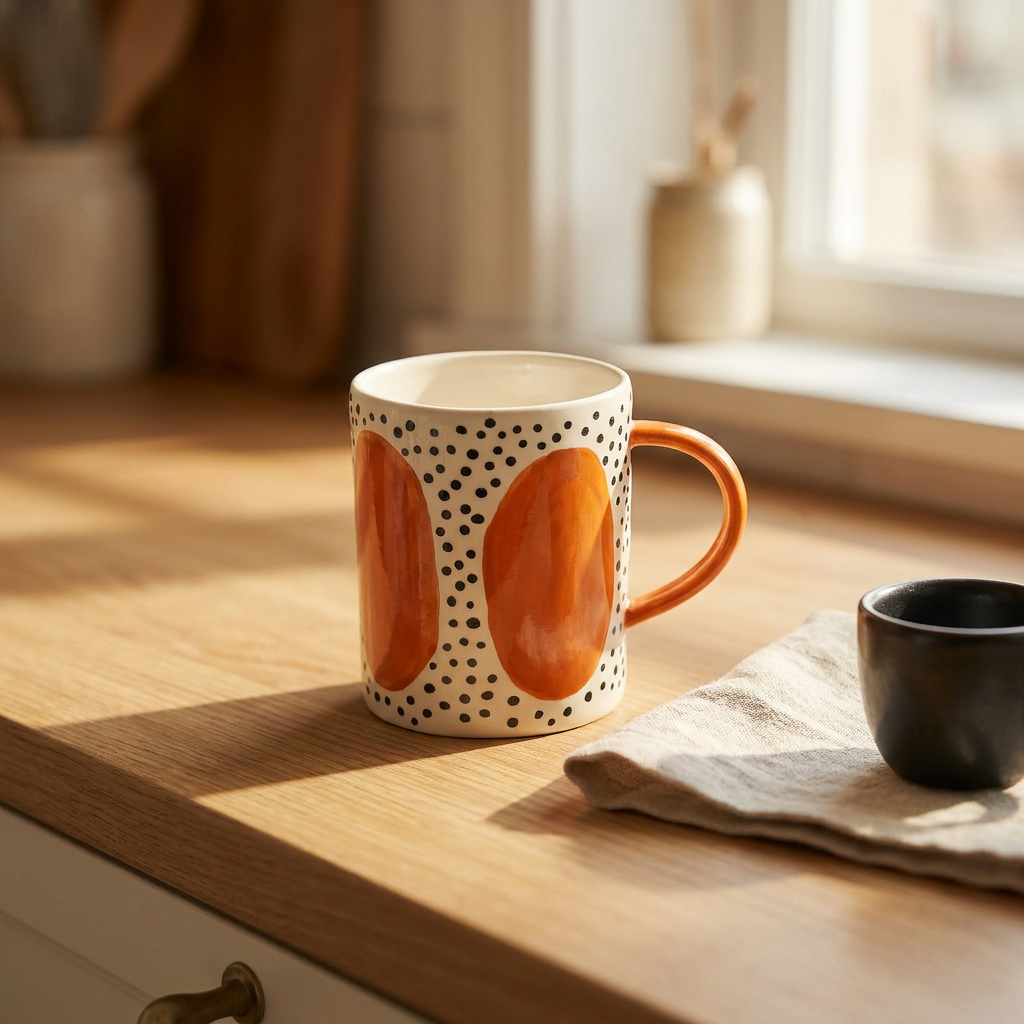 Orange Lozenge Mug — Hand-Painted Polka Dot Tall Mug