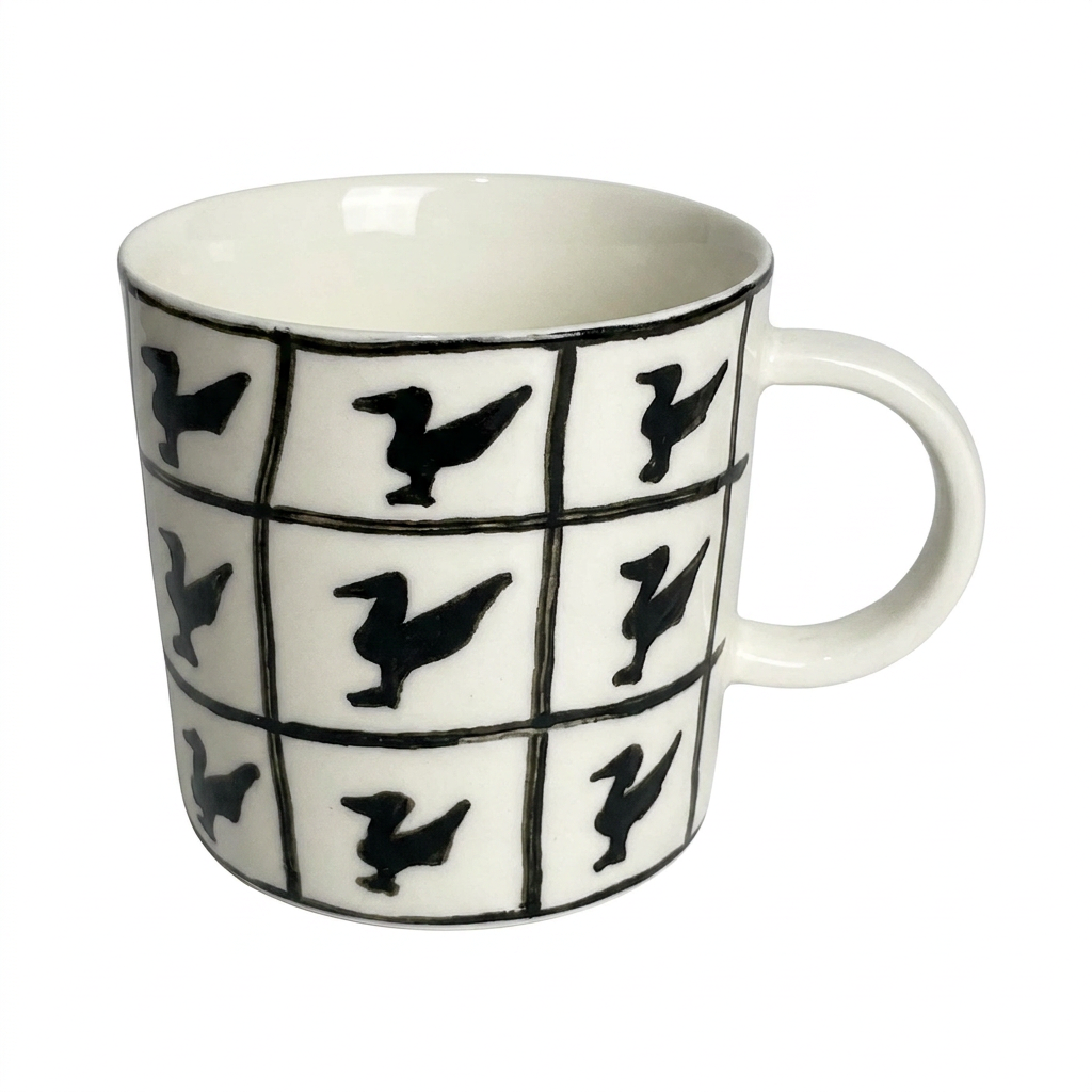 Flock Mug — Hand-Painted Black Bird Grid on Ivory