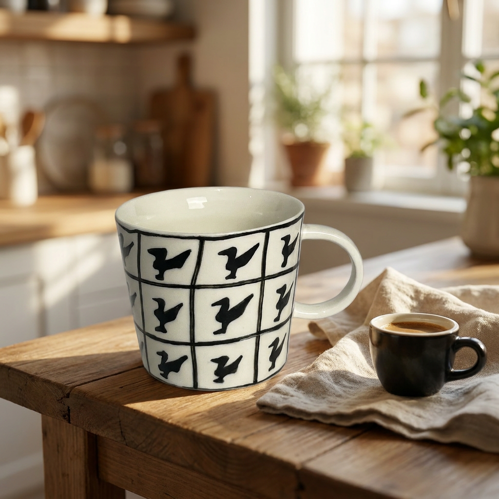 Flock Mug — Hand-Painted Black Bird Grid on Ivory