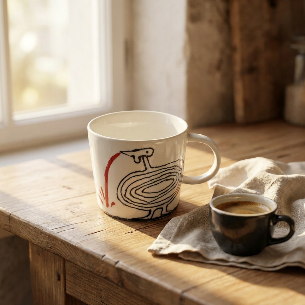 Line Bird Mug — Hand-Drawn Goose with Red Lipstick