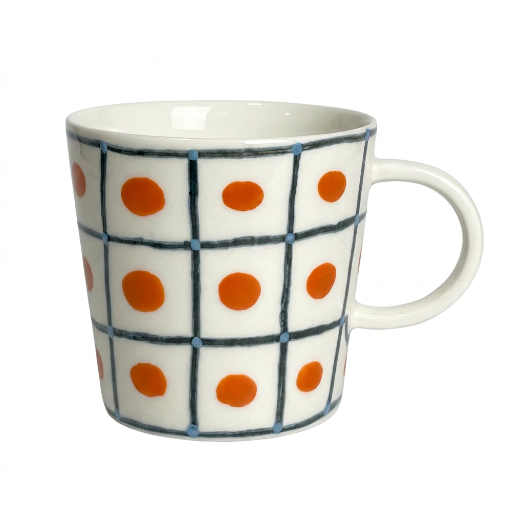 Red Dot Grid Mug — Hand-Painted Cherry Squares on White