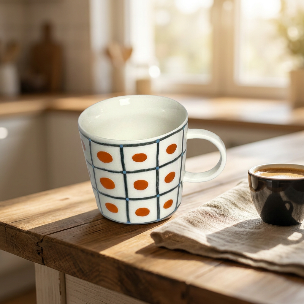 Red Dot Grid Mug — Hand-Painted Cherry Squares on White