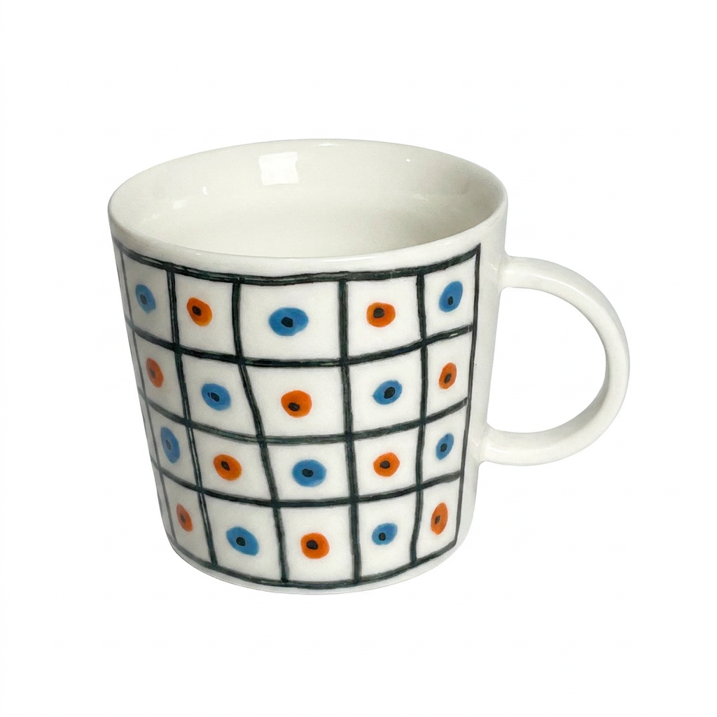 Evil Eye Grid Mug — Hand-Painted Orange & Blue Dot Mug