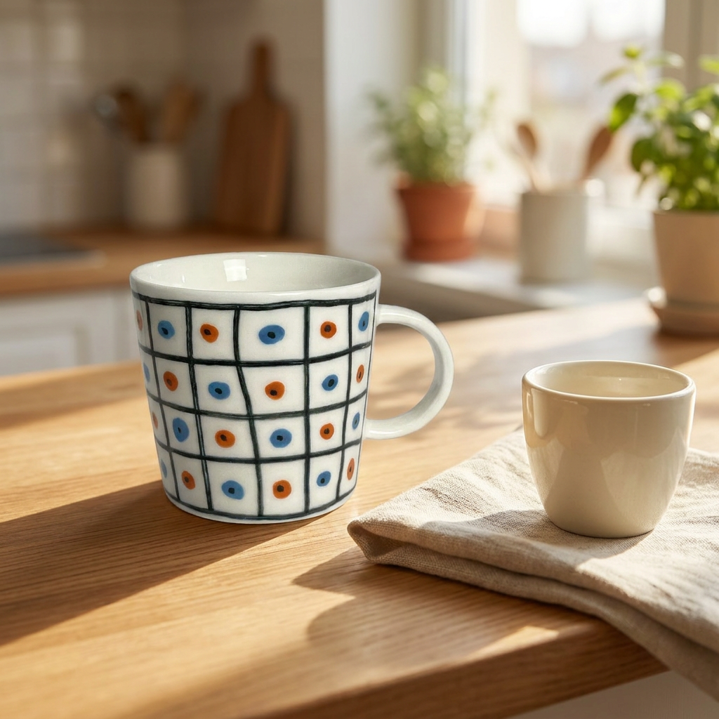 Evil Eye Grid Mug — Hand-Painted Orange & Blue Dot Mug