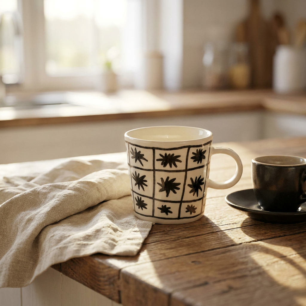 Black Star Grid Mug — Hand-Painted Asterisk Pattern Mug