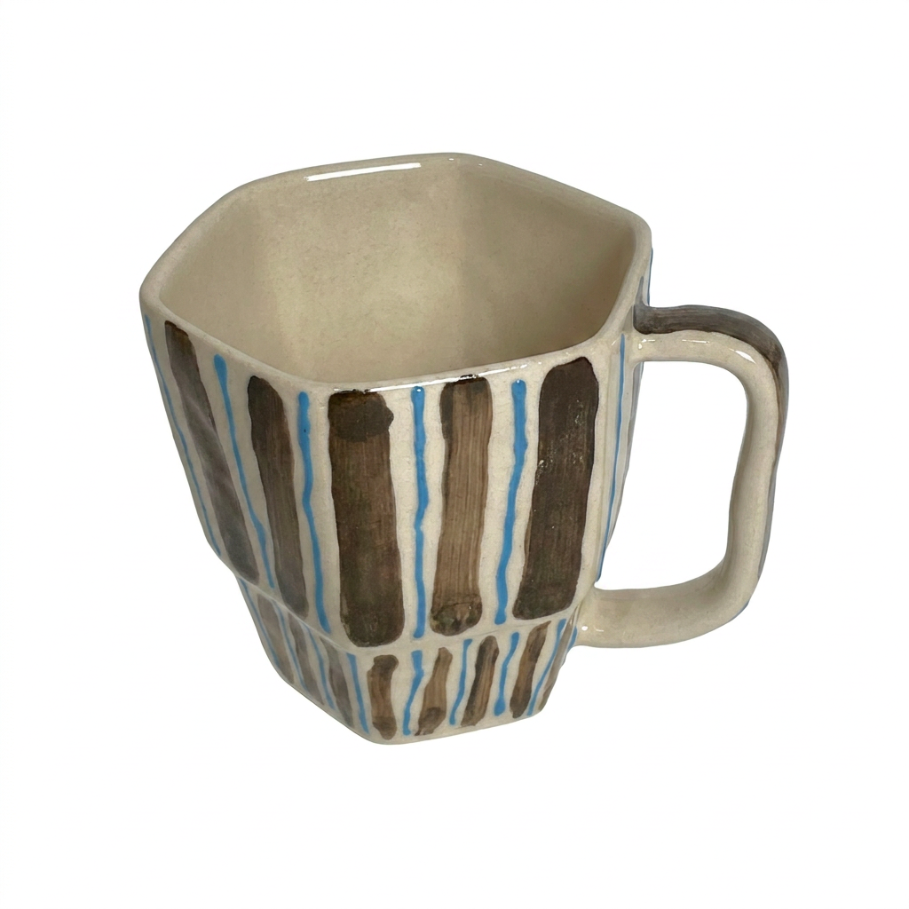 Driftwood Stripe Mug — Hand-Painted Brown & Cyan Square-Handle Mug