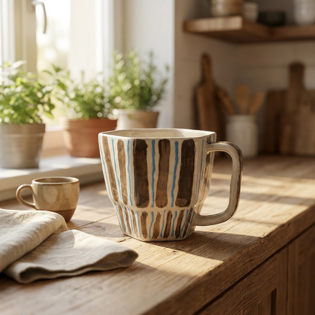 Driftwood Stripe Mug — Hand-Painted Brown & Cyan Square-Handle Mug