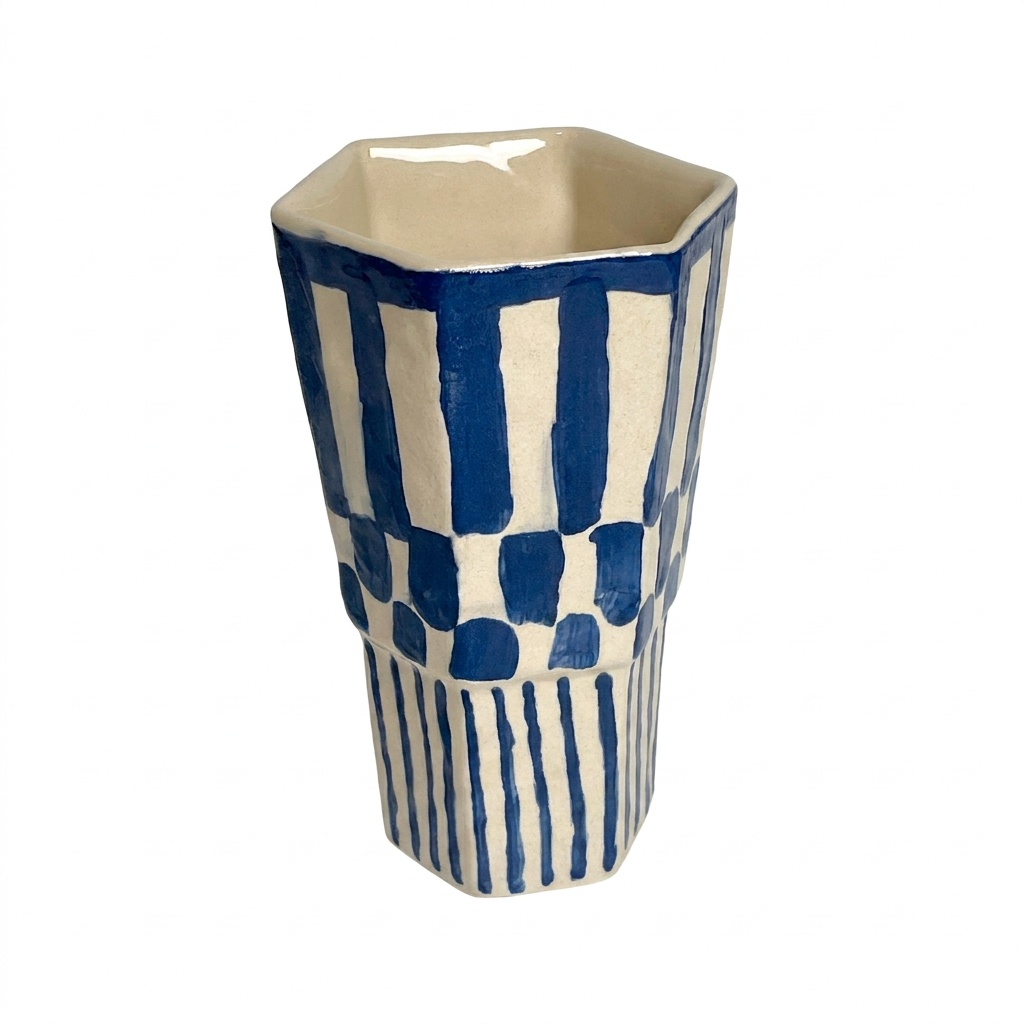 Cobalt Brushwork Beaker Vase — Hand-Painted Blue & Cream Stripes