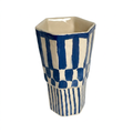 Cobalt Brushwork Beaker Vase — Hand-Painted Blue & Cream Stripes