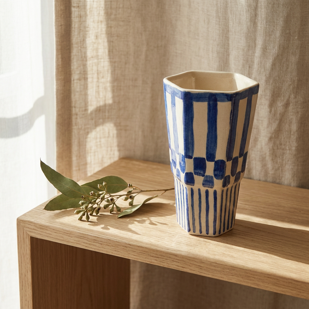 Cobalt Brushwork Beaker Vase — Hand-Painted Blue & Cream Stripes