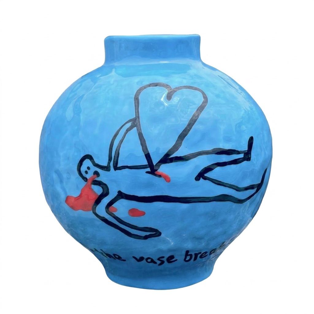 The Vase Breaks — Cyan Round Vase with Fallen Heart-Figure