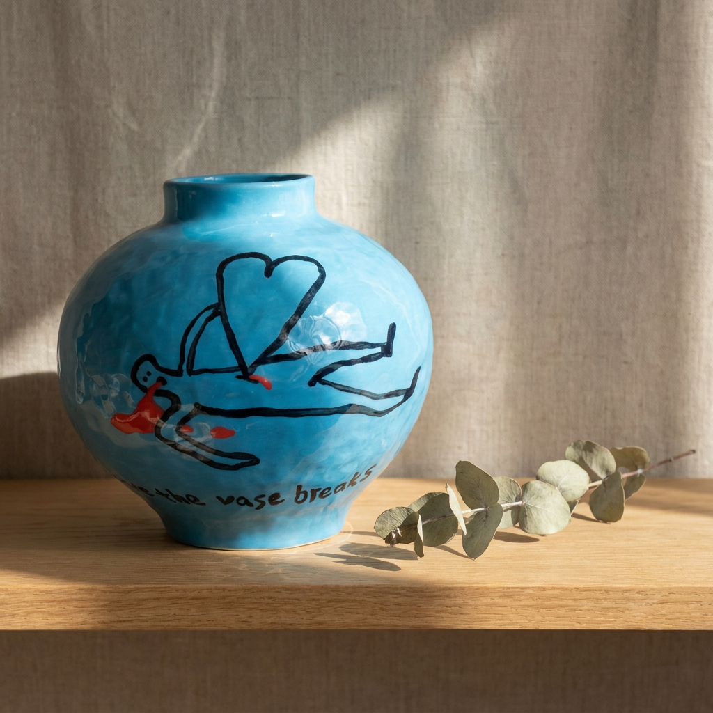 The Vase Breaks — Cyan Round Vase with Fallen Heart-Figure