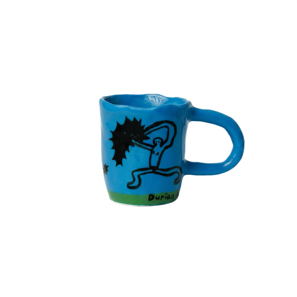 Durian Riot — Cyan Mug with Stick-Figure & Spiky Fruit