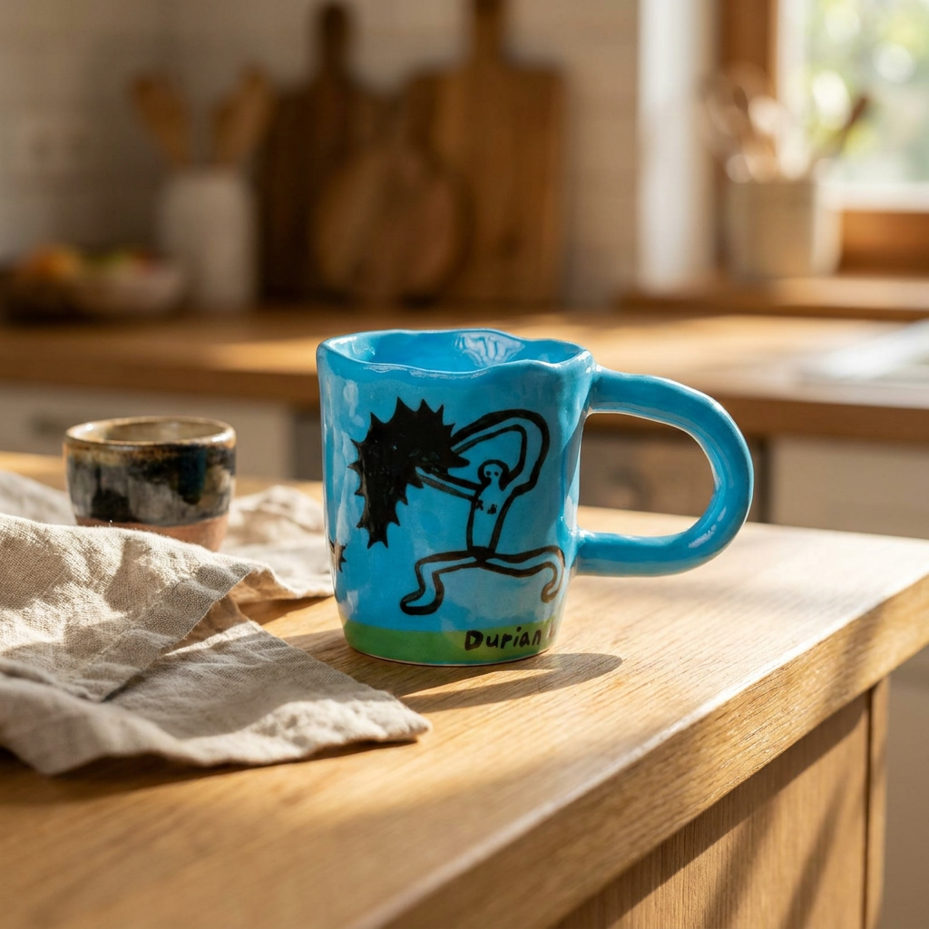 Durian Riot — Cyan Mug with Stick-Figure & Spiky Fruit