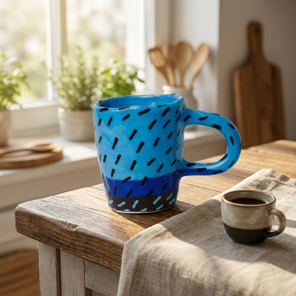 Blue Rain Mug — Hand-Painted Dash Pattern with Indigo Stripe